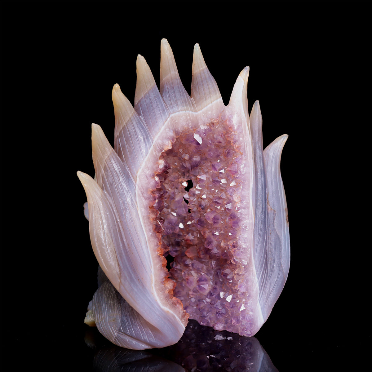 6" Amethyst Druzy Agate Crystal Nine Tail Fox Figurine Animal Carvings