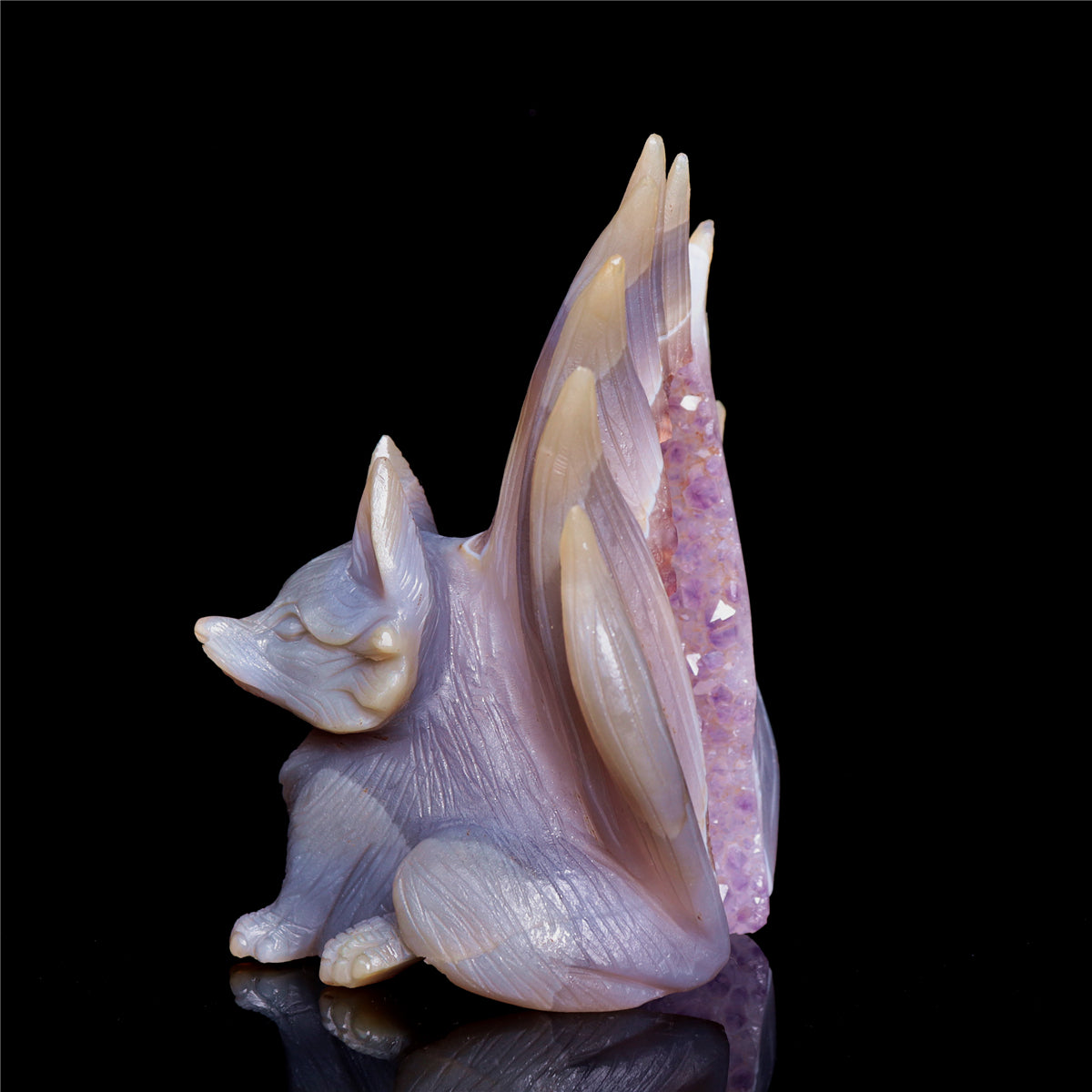 6" Amethyst Druzy Agate Crystal Nine Tail Fox Figurine Animal Carvings