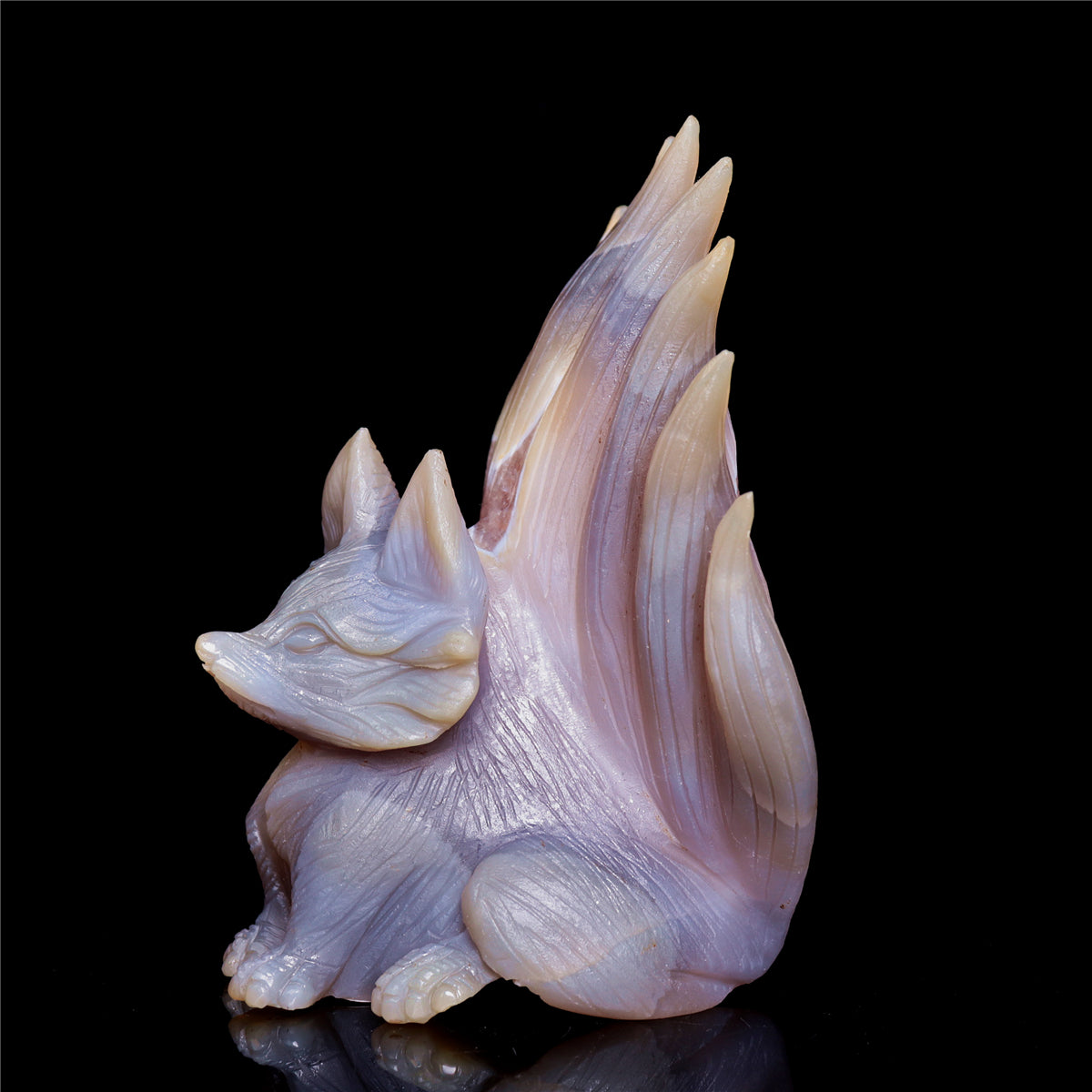 6" Amethyst Druzy Agate Crystal Nine Tail Fox Figurine Animal Carvings
