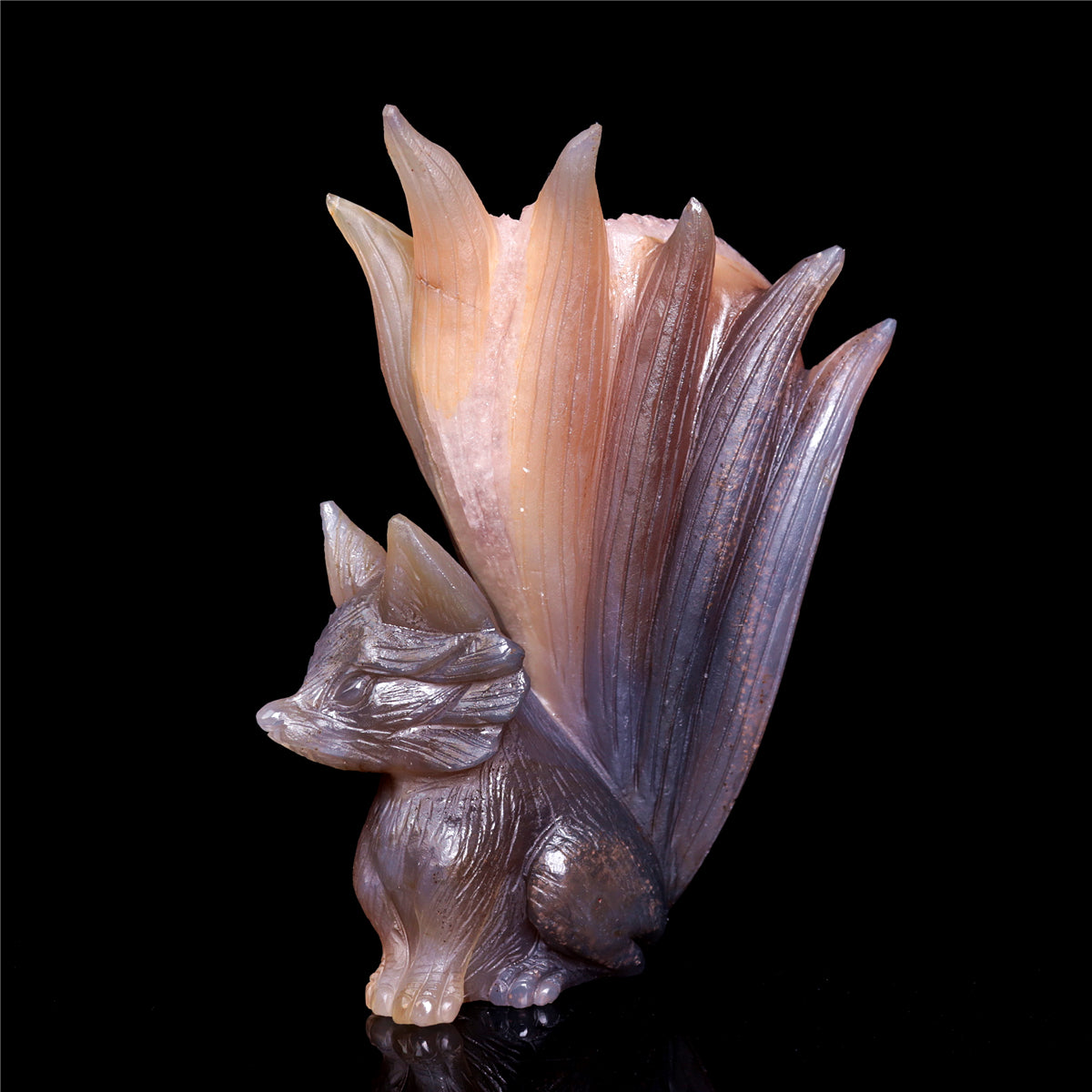 6" Druzy Agate Crystal Nine Tail Fox Figurine Animal Carvings
