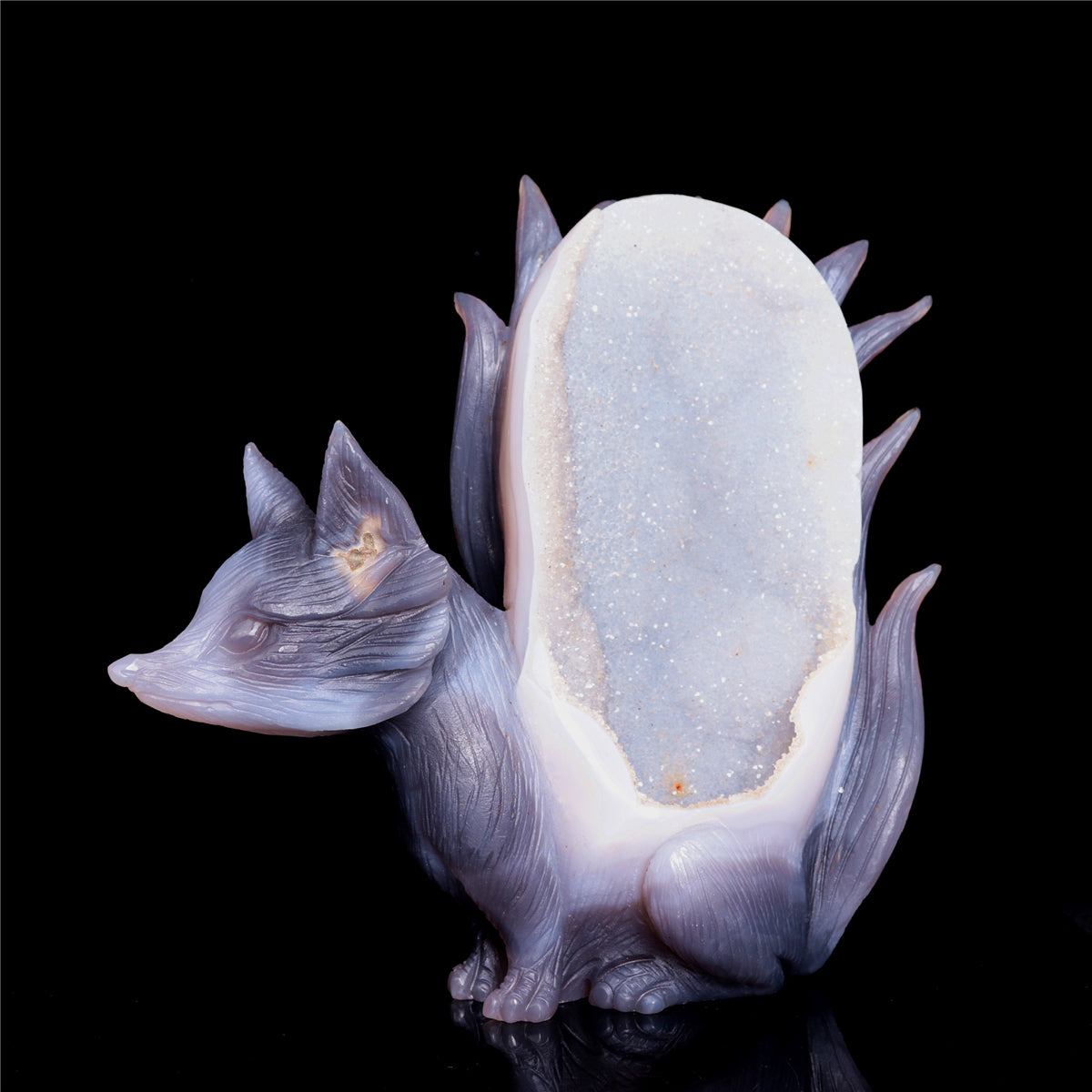 7.5" Druzy Agate Crystal Nine Tail Fox Figurine Animal Carvings