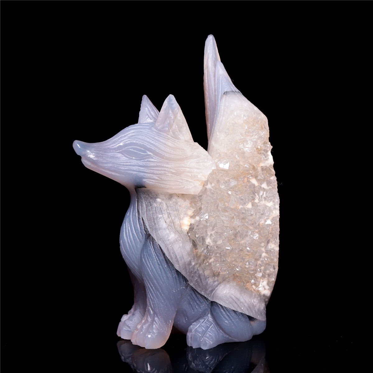 4.5" Druzy Agate Crystal Nine Tail Fox Figurine Animal Carvings