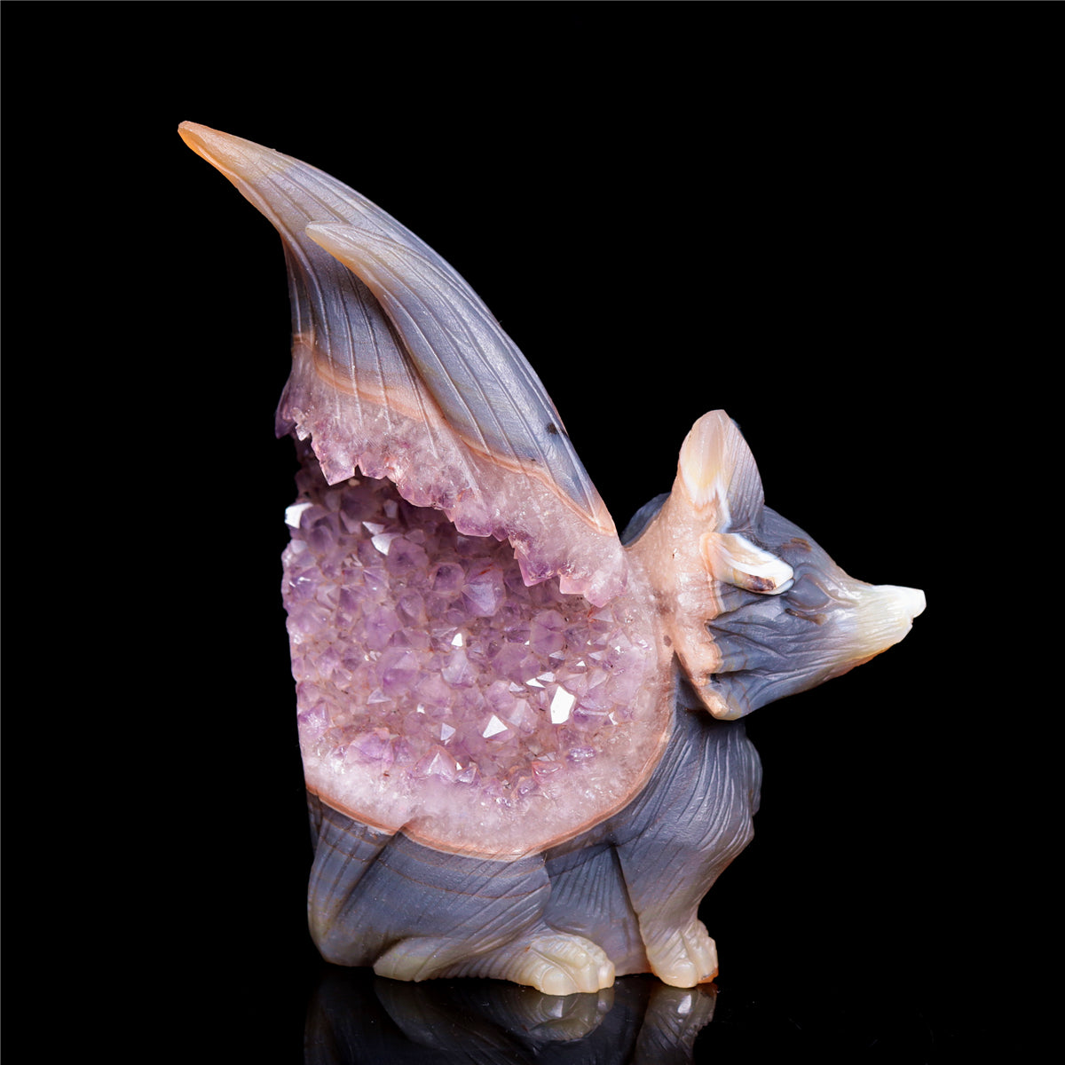 5" Druzy Agate Crystal Nine Tail Fox Figurine Animal Carvings
