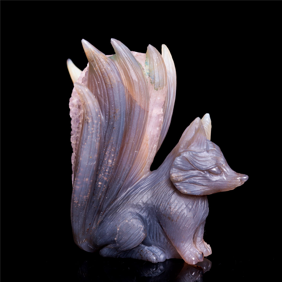 5" Druzy Agate Crystal Nine Tail Fox Figurine Animal Carvings