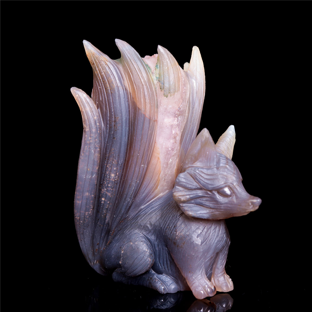 5" Druzy Agate Crystal Nine Tail Fox Figurine Animal Carvings