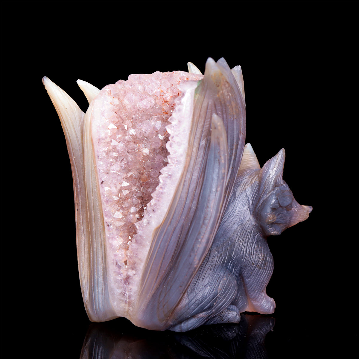 5" Druzy Agate Crystal Nine Tail Fox Figurine Animal Carvings