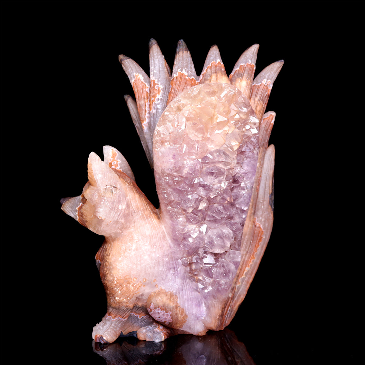 6.5" Druzy Agate Crystal Nine Tail Fox Figurine Animal Carvings