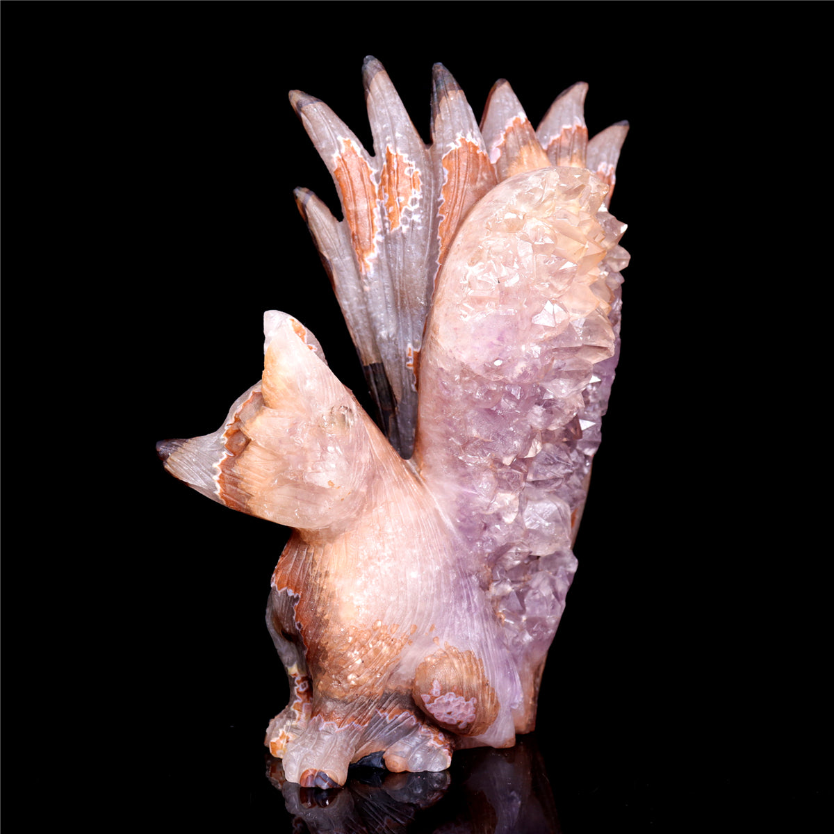 6.5" Druzy Agate Crystal Nine Tail Fox Figurine Animal Carvings