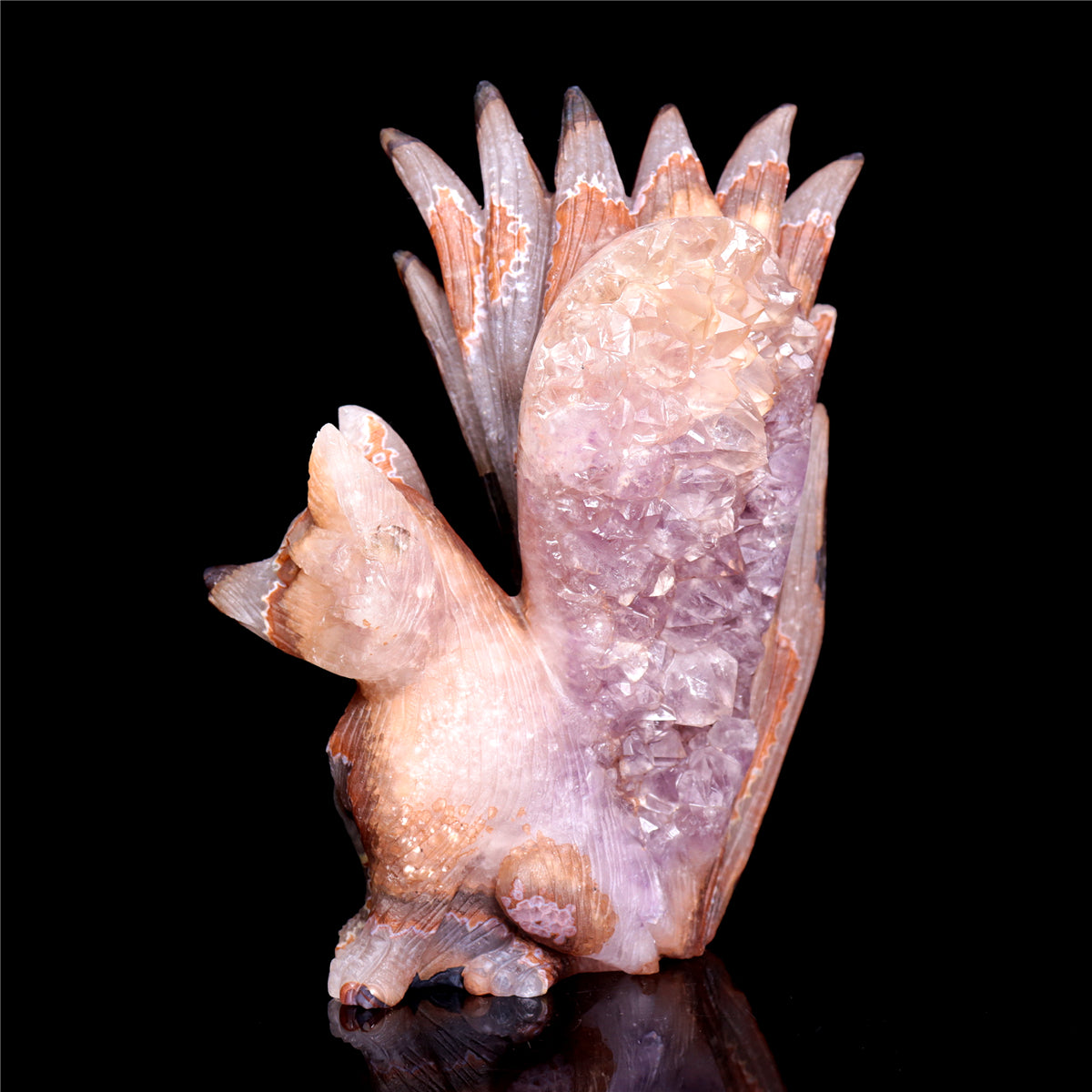 6.5" Druzy Agate Crystal Nine Tail Fox Figurine Animal Carvings