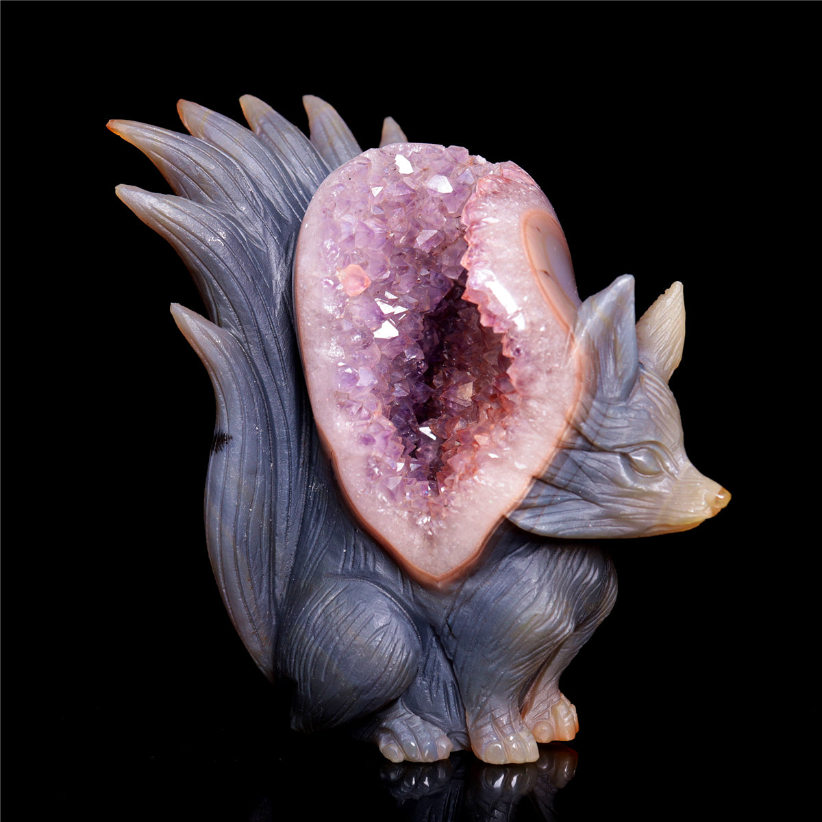 5.5" Amethyst Druzy Agate Crystal Nine Tail Fox Figurine Animal Carvings