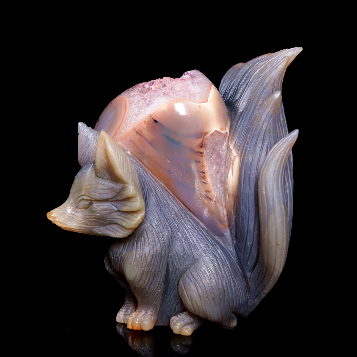 5.5" Amethyst Druzy Agate Crystal Nine Tail Fox Figurine Animal Carvings