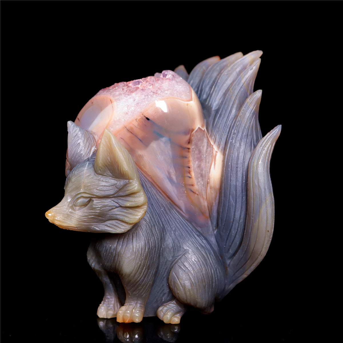 5.5" Amethyst Druzy Agate Crystal Nine Tail Fox Figurine Animal Carvings