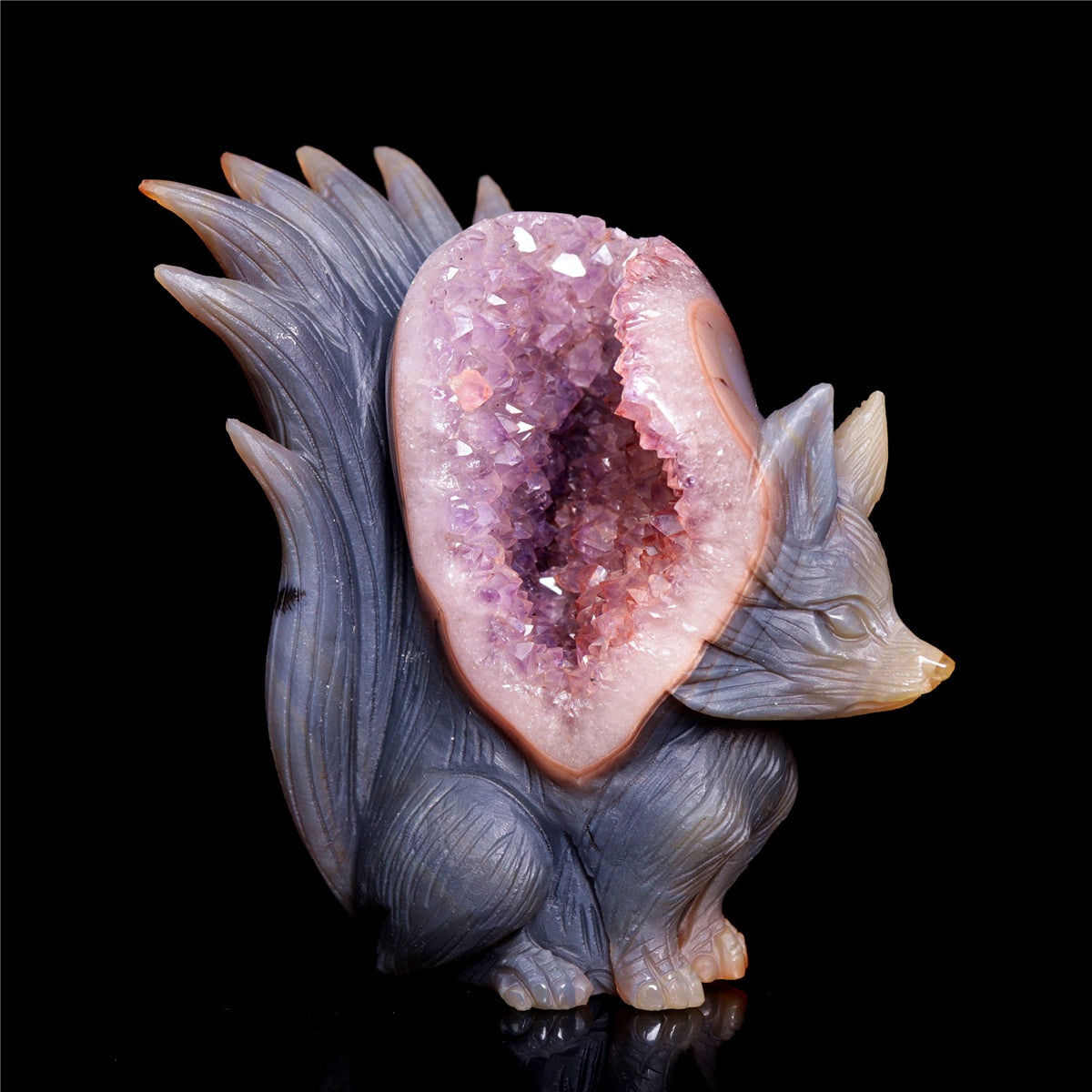 5.5" Amethyst Druzy Agate Crystal Nine Tail Fox Figurine Animal Carvings