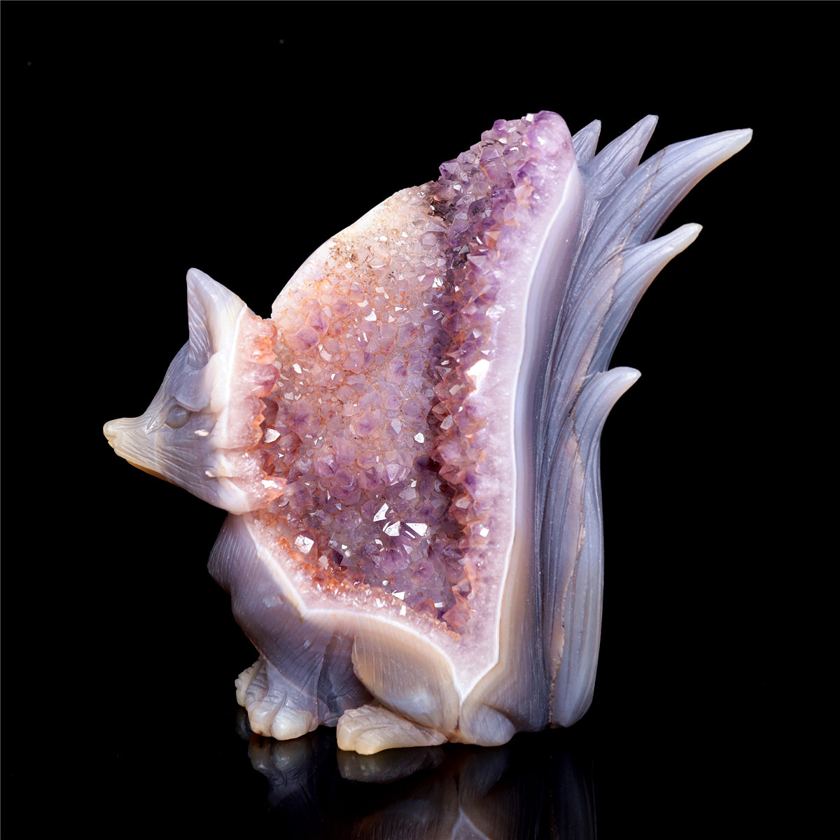 6" Amethyst Druzy Agate Crystal Nine Tail Fox Figurine Animal Carvings