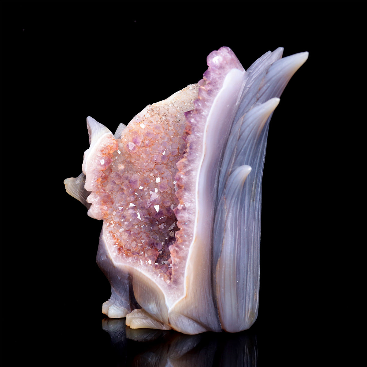 6" Amethyst Druzy Agate Crystal Nine Tail Fox Figurine Animal Carvings