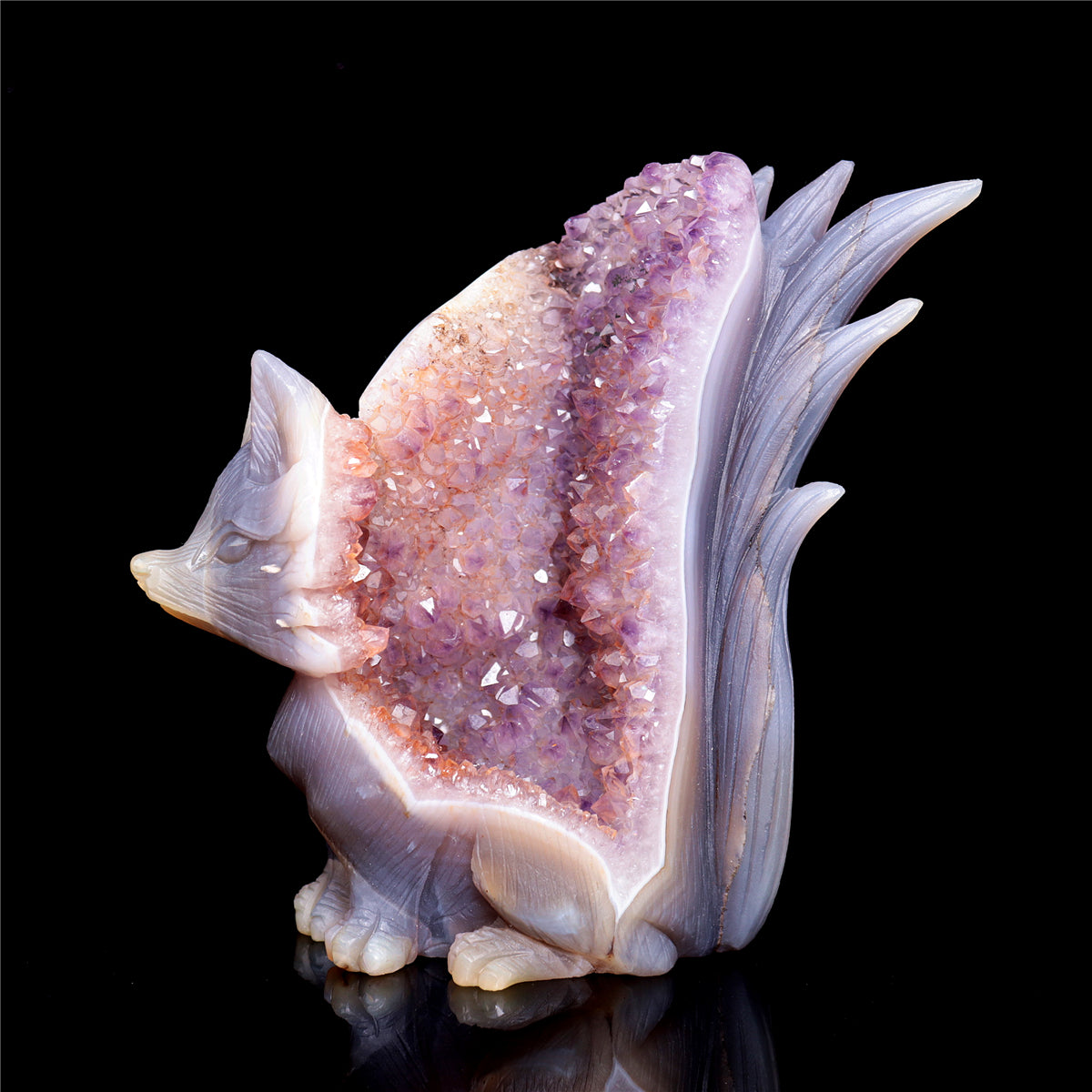 6" Amethyst Druzy Agate Crystal Nine Tail Fox Figurine Animal Carvings