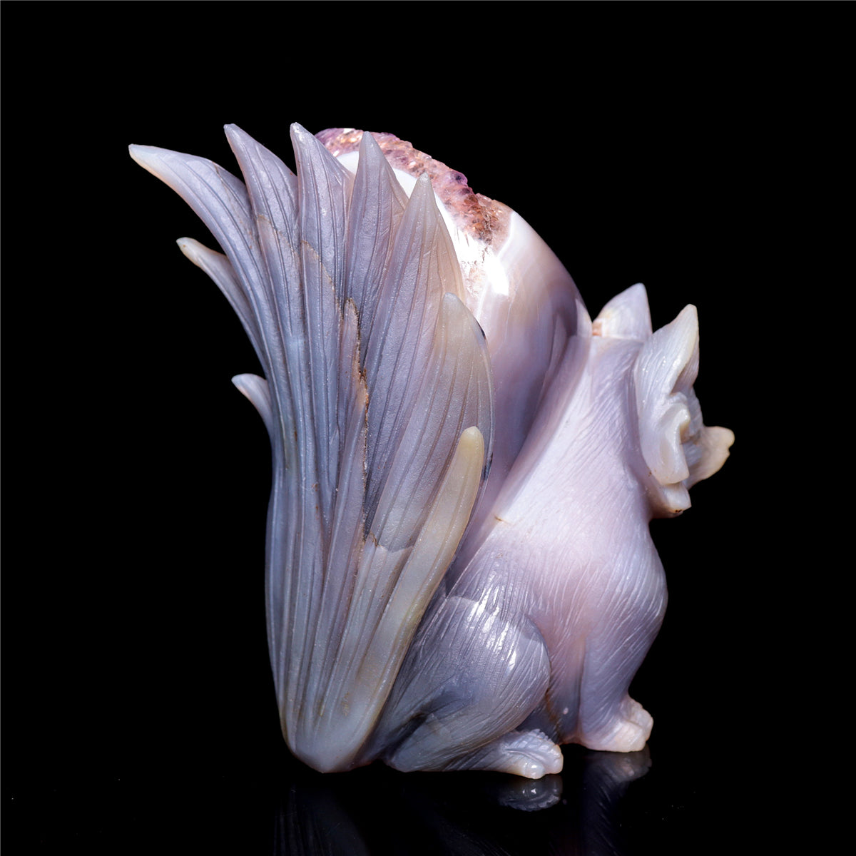 6" Amethyst Druzy Agate Crystal Nine Tail Fox Figurine Animal Carvings