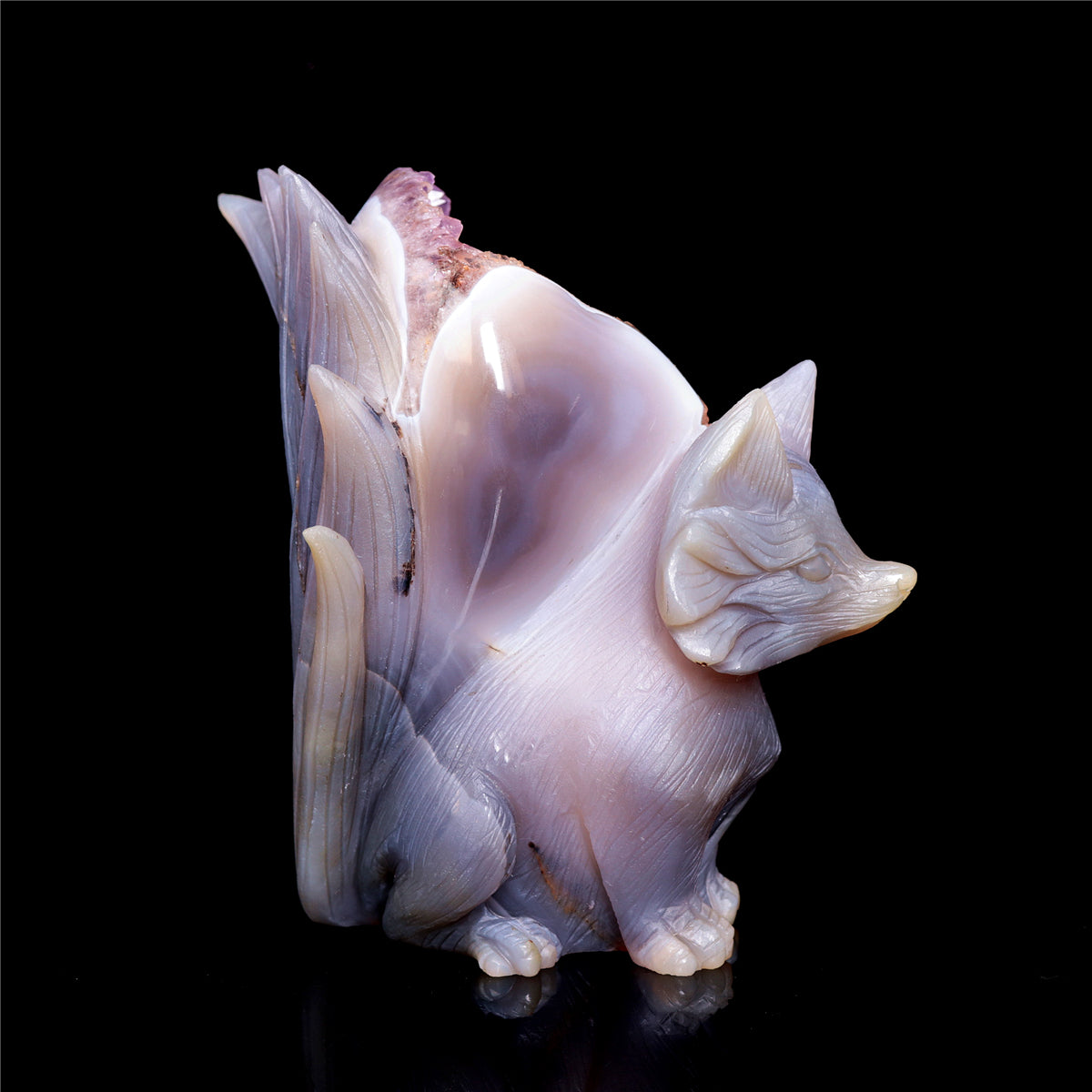 6" Amethyst Druzy Agate Crystal Nine Tail Fox Figurine Animal Carvings