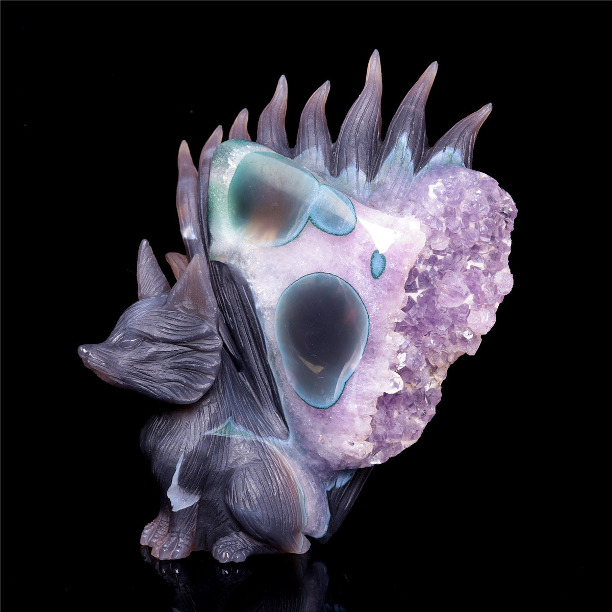 7" Amethyst Druzy Agate Crystal Nine Tail Fox Figurine Animal Carvings