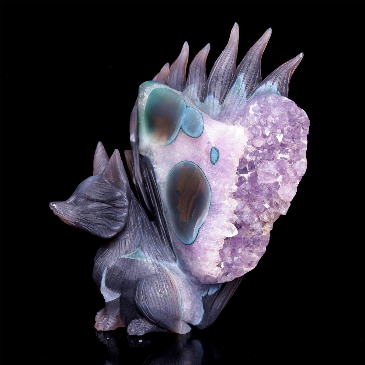 7" Amethyst Druzy Agate Crystal Nine Tail Fox Figurine Animal Carvings
