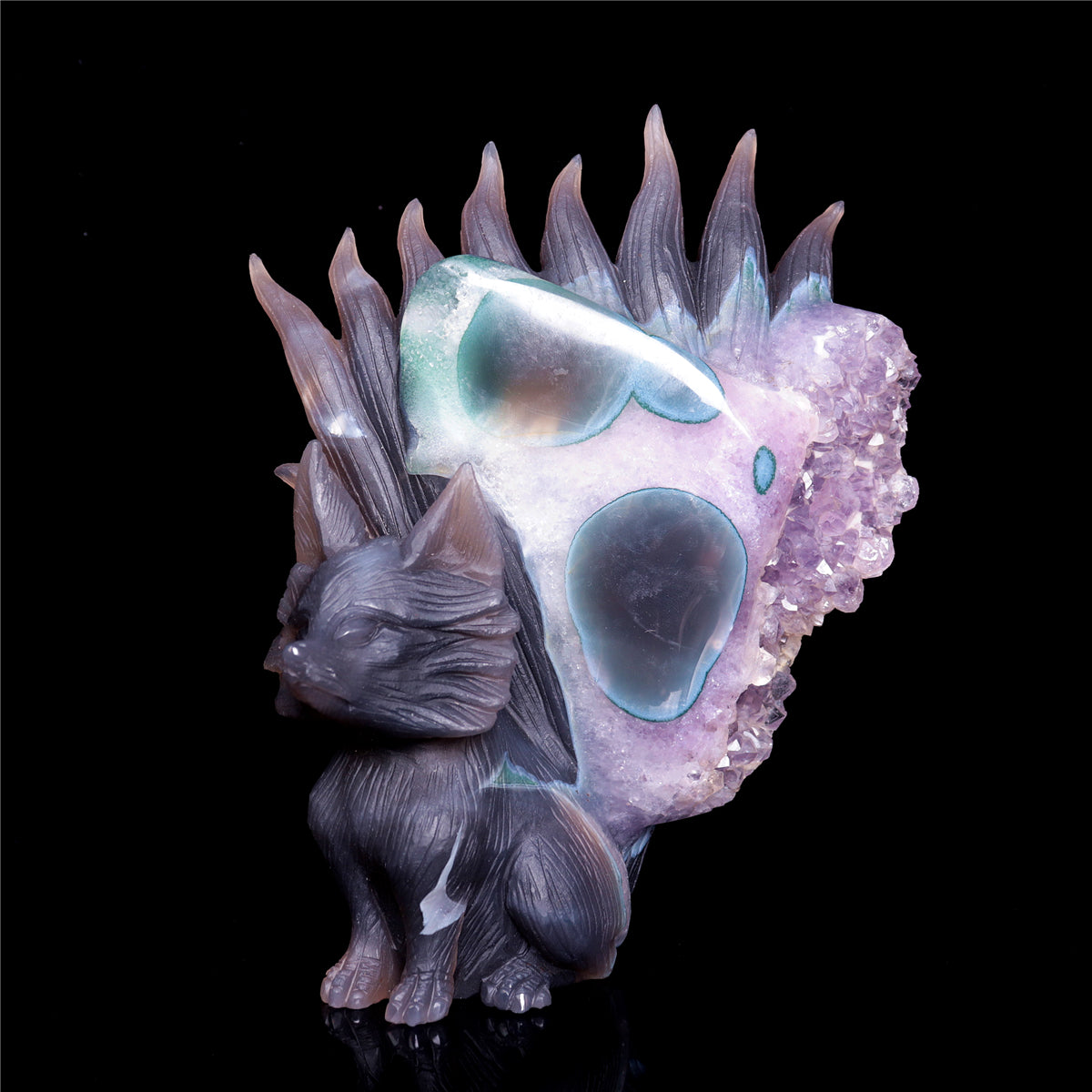 7" Amethyst Druzy Agate Crystal Nine Tail Fox Figurine Animal Carvings