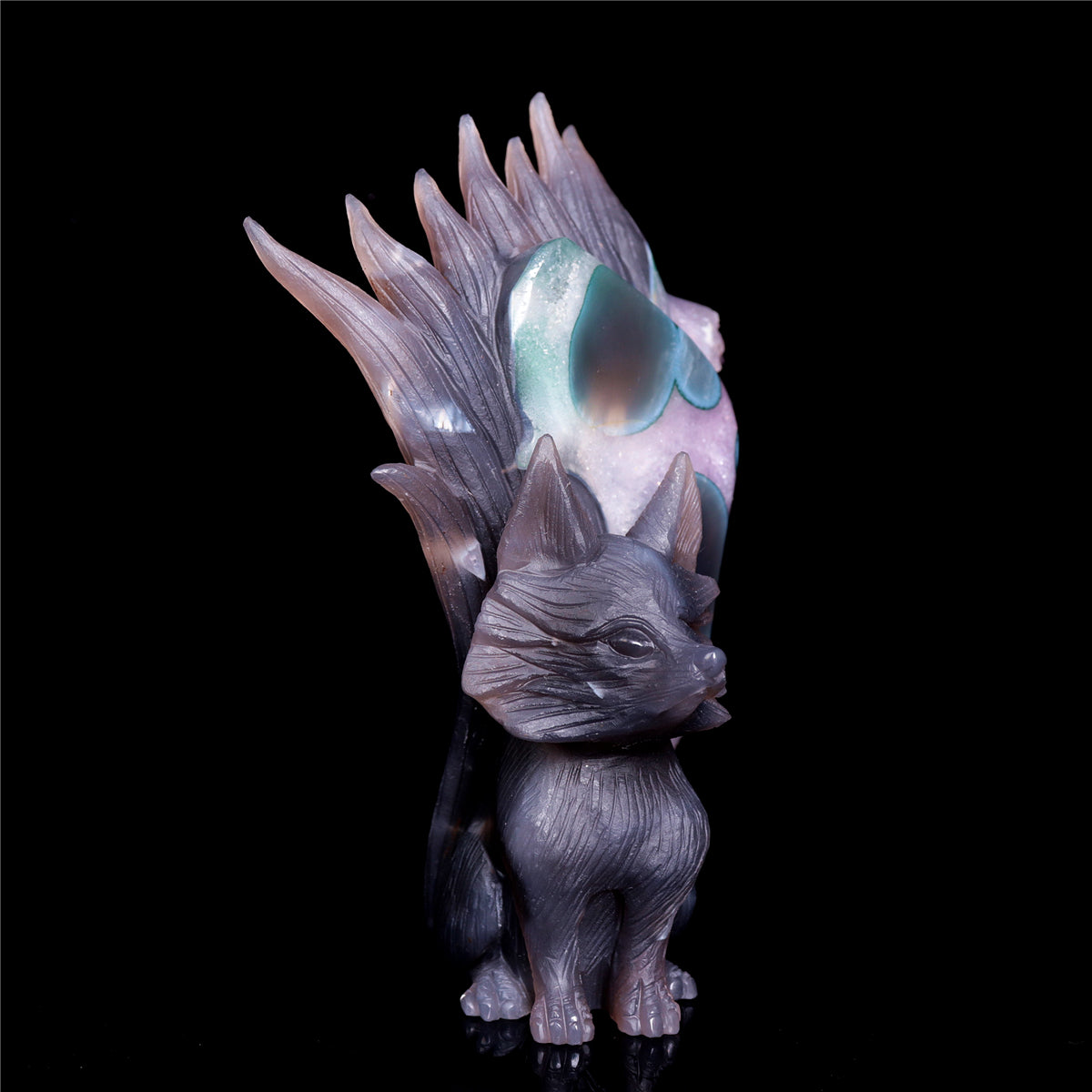 7" Amethyst Druzy Agate Crystal Nine Tail Fox Figurine Animal Carvings