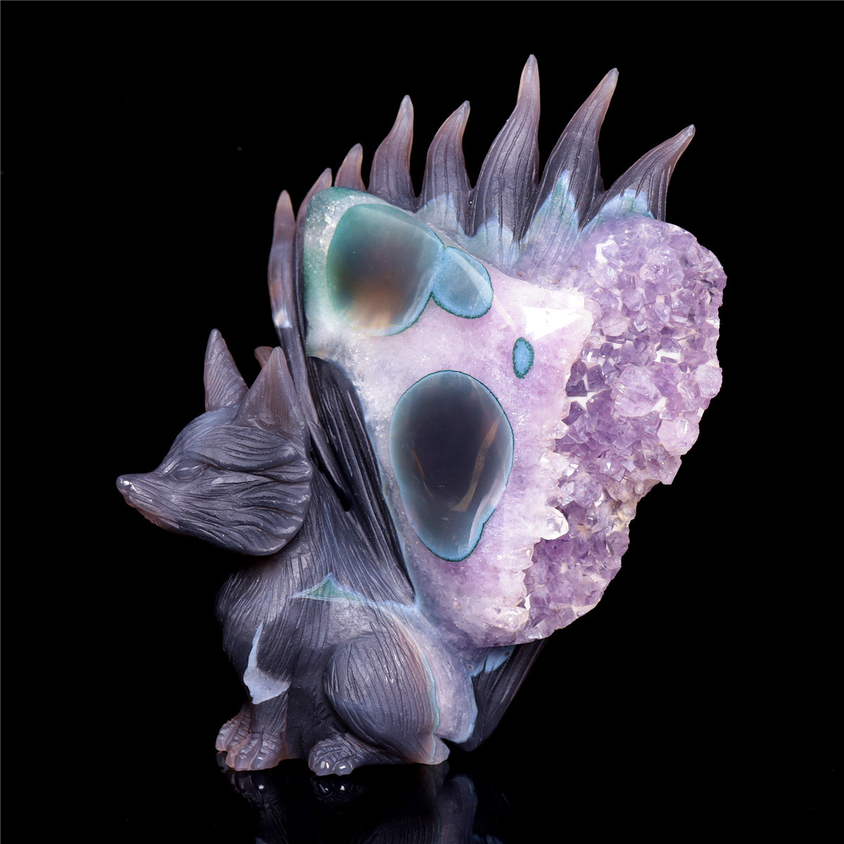 7" Amethyst Druzy Agate Crystal Nine Tail Fox Figurine Animal Carvings