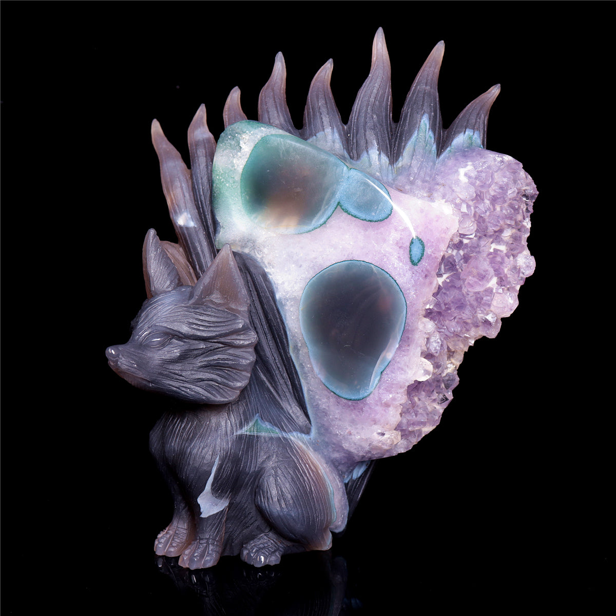 7" Amethyst Druzy Agate Crystal Nine Tail Fox Figurine Animal Carvings