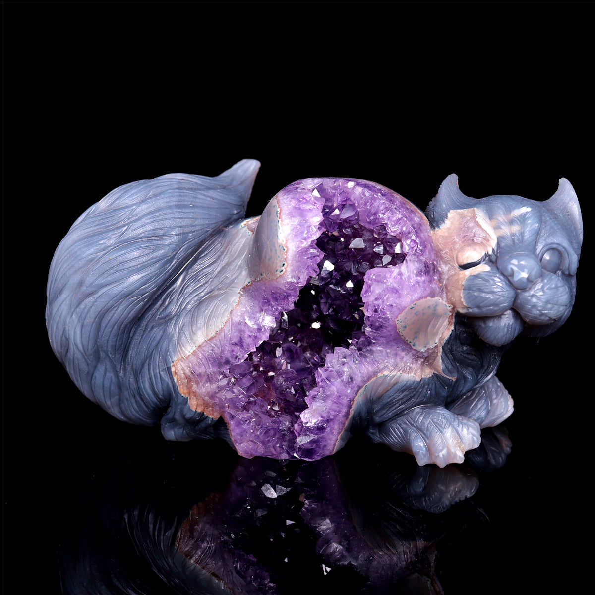 7" Amethyst Agate Crystal Squirrel Figurine Animal Carvings Gift