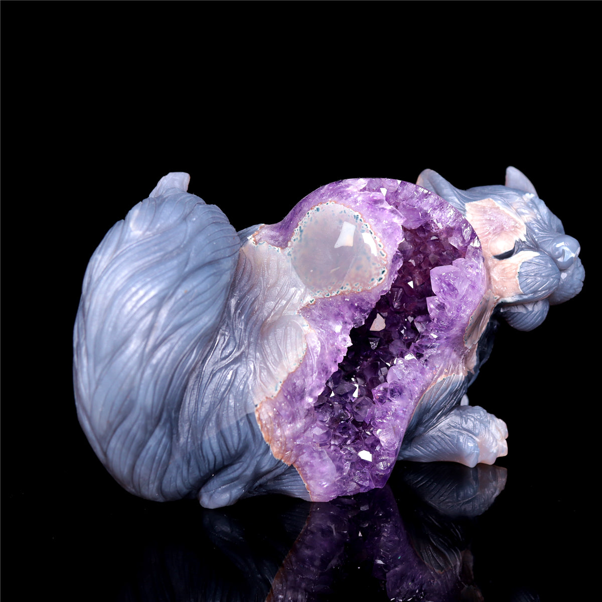7" Amethyst Agate Crystal Squirrel Figurine Animal Carvings Gift