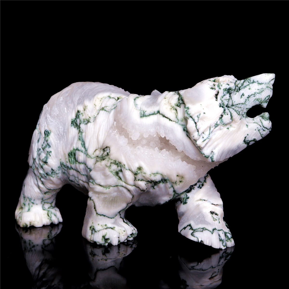 6" Druzy Moss Agate Crystal Bear Figurine Animal Carvings Decor