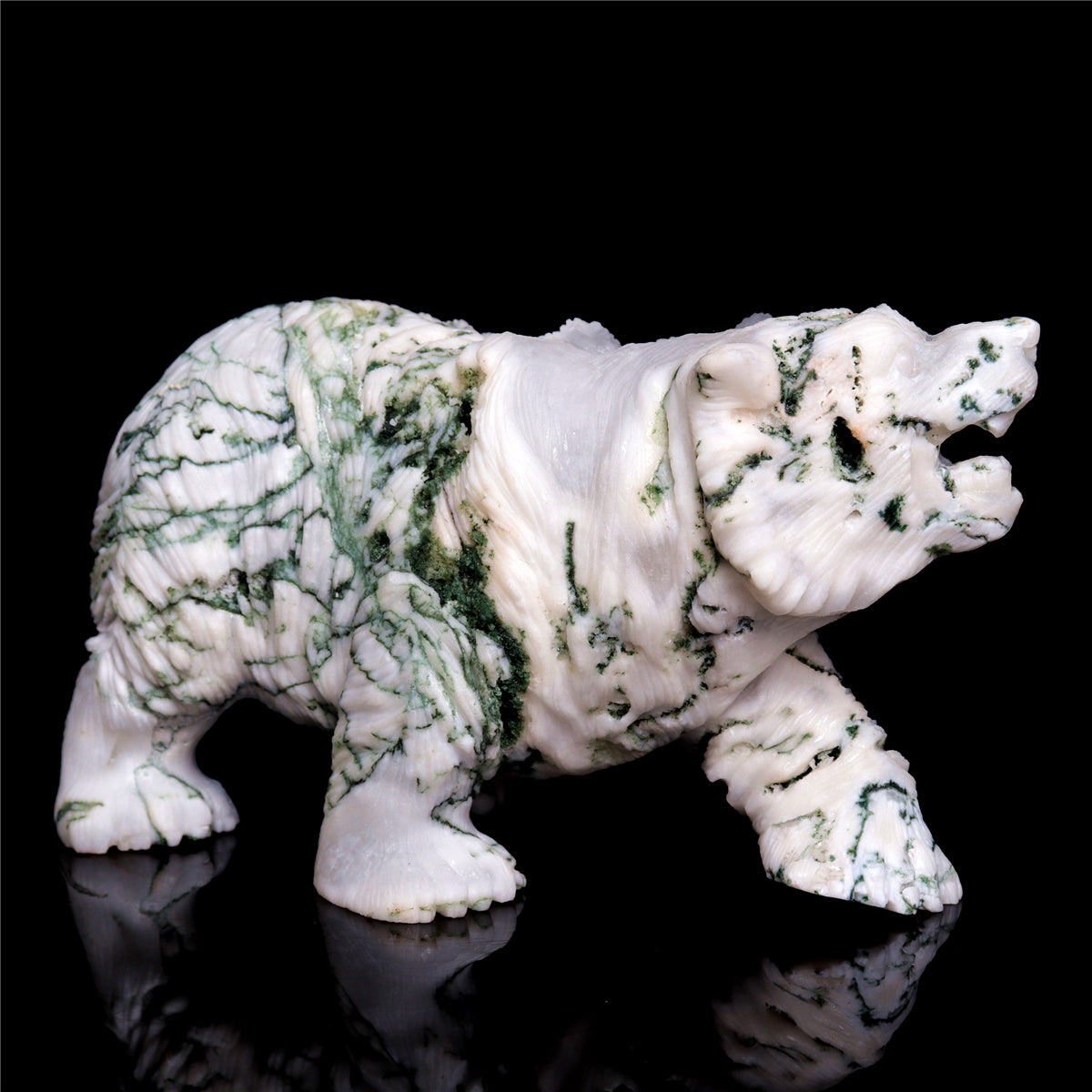 6.5" Druzy Moss Agate Crystal Bear Figurine Animal Carvings Decor