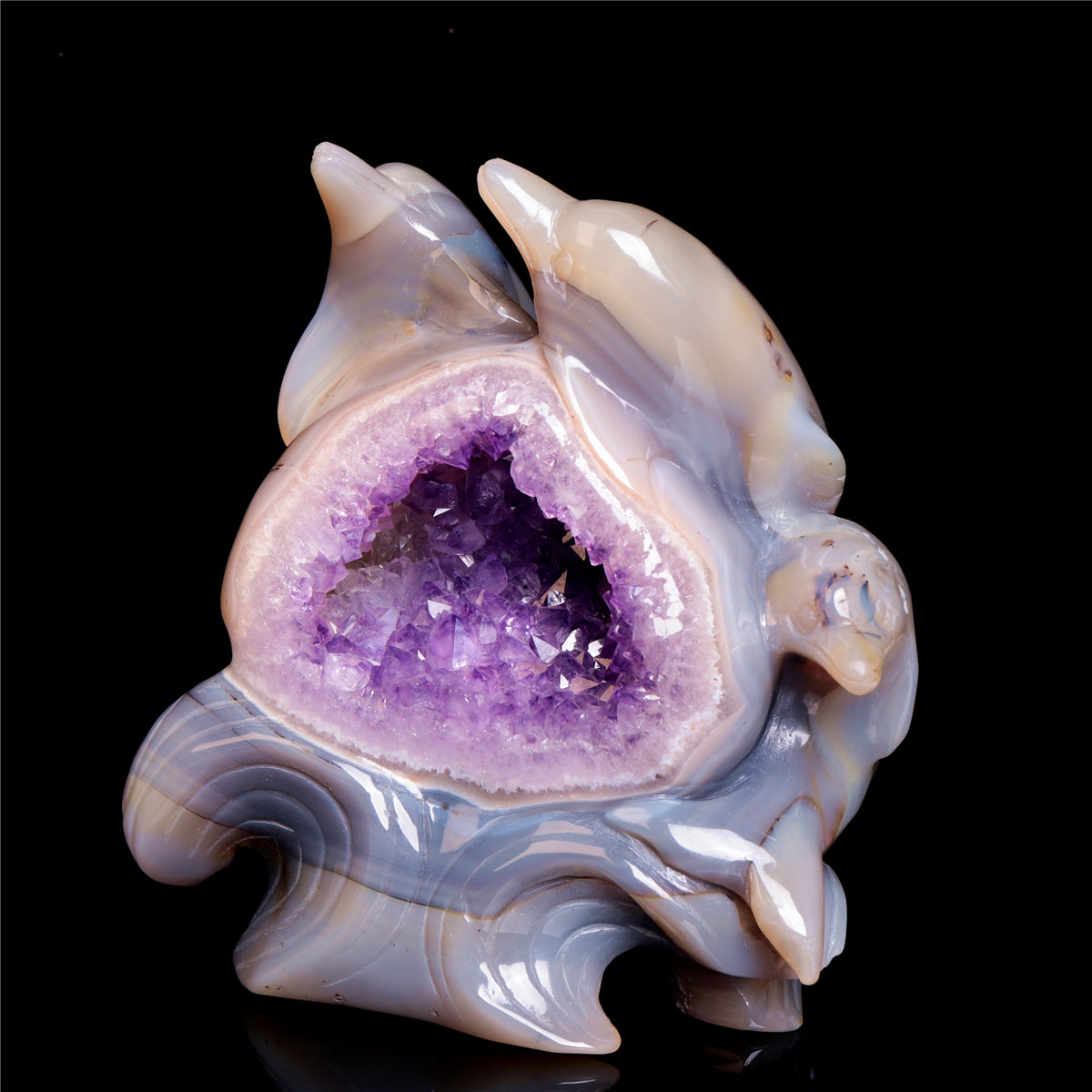 6" Amethyst Geode Crystal Dolphin Figurine Animal Carvings