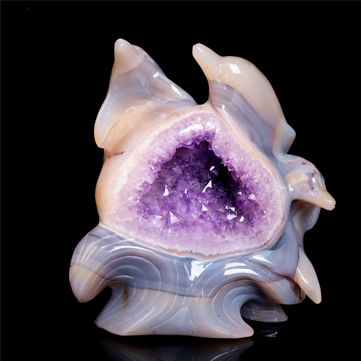 6" Amethyst Geode Crystal Dolphin Figurine Animal Carvings