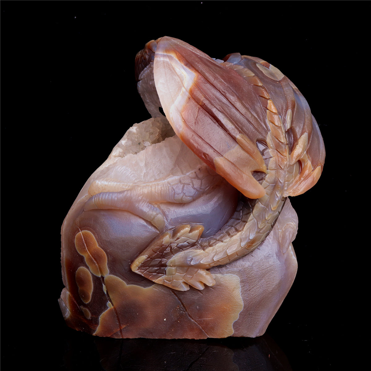 6" Druzy Agate Crystal Dragon Figurine Stone Animal Carvings