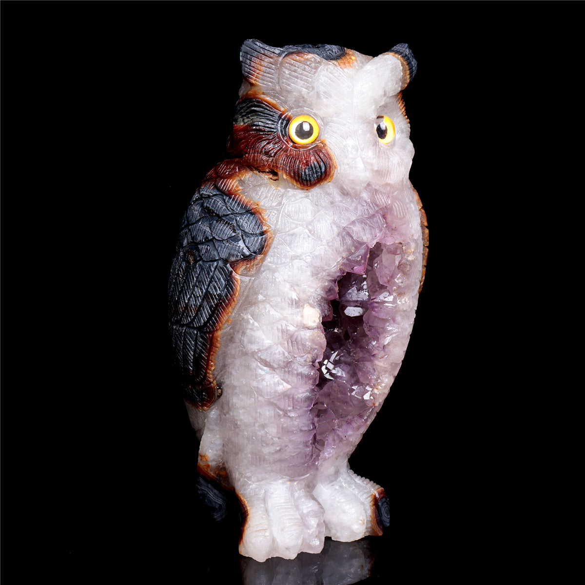 9" Amethyst Geode Crystal Owl Sculpture Stone Animal Carvings