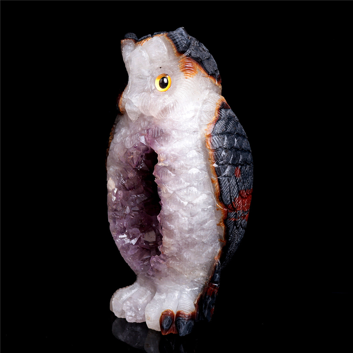 9" Amethyst Geode Crystal Owl Sculpture Stone Animal Carvings