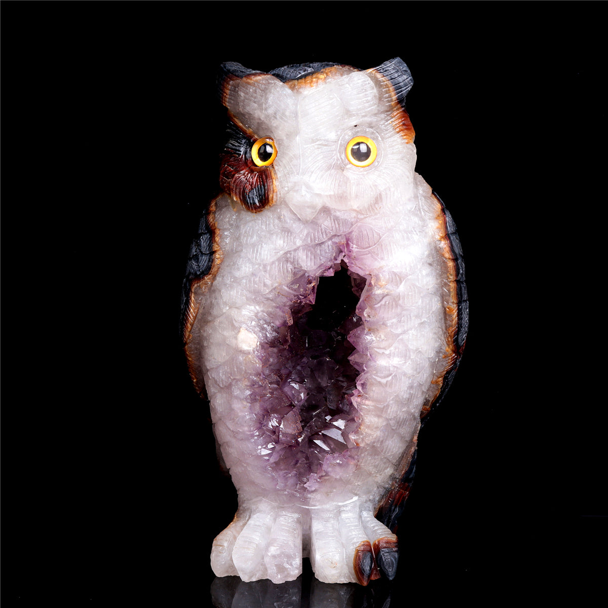 9" Amethyst Geode Crystal Owl Sculpture Stone Animal Carvings