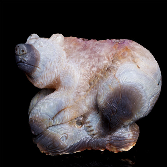 6" Amethyst Geode Crystal Bear Figurine Realistic Stone Animal Carvings