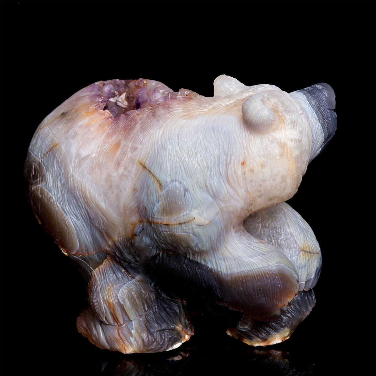 6" Amethyst Geode Crystal Bear Figurine Realistic Stone Animal Carvings