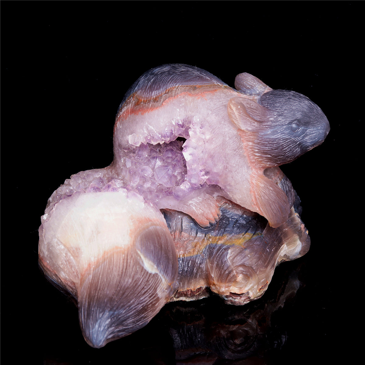 8" Amethyst Agate Crystal Squirrel Figurine Realistic Stone Animal Carvings