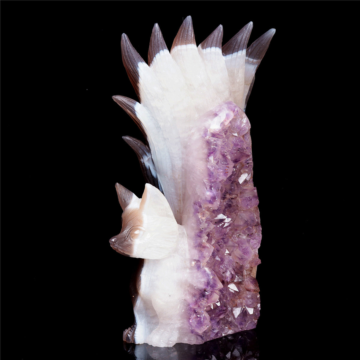 7.5" Amethyst Agate Crystal Nine Tail Fox Figurine Decor