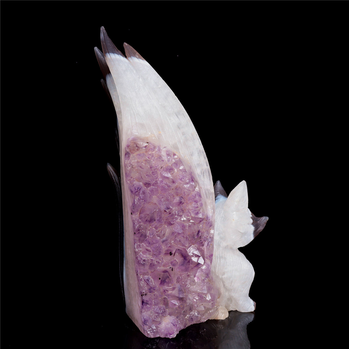 7" Amethyst Agate Crystal Nine Tail Fox Figurine Decor