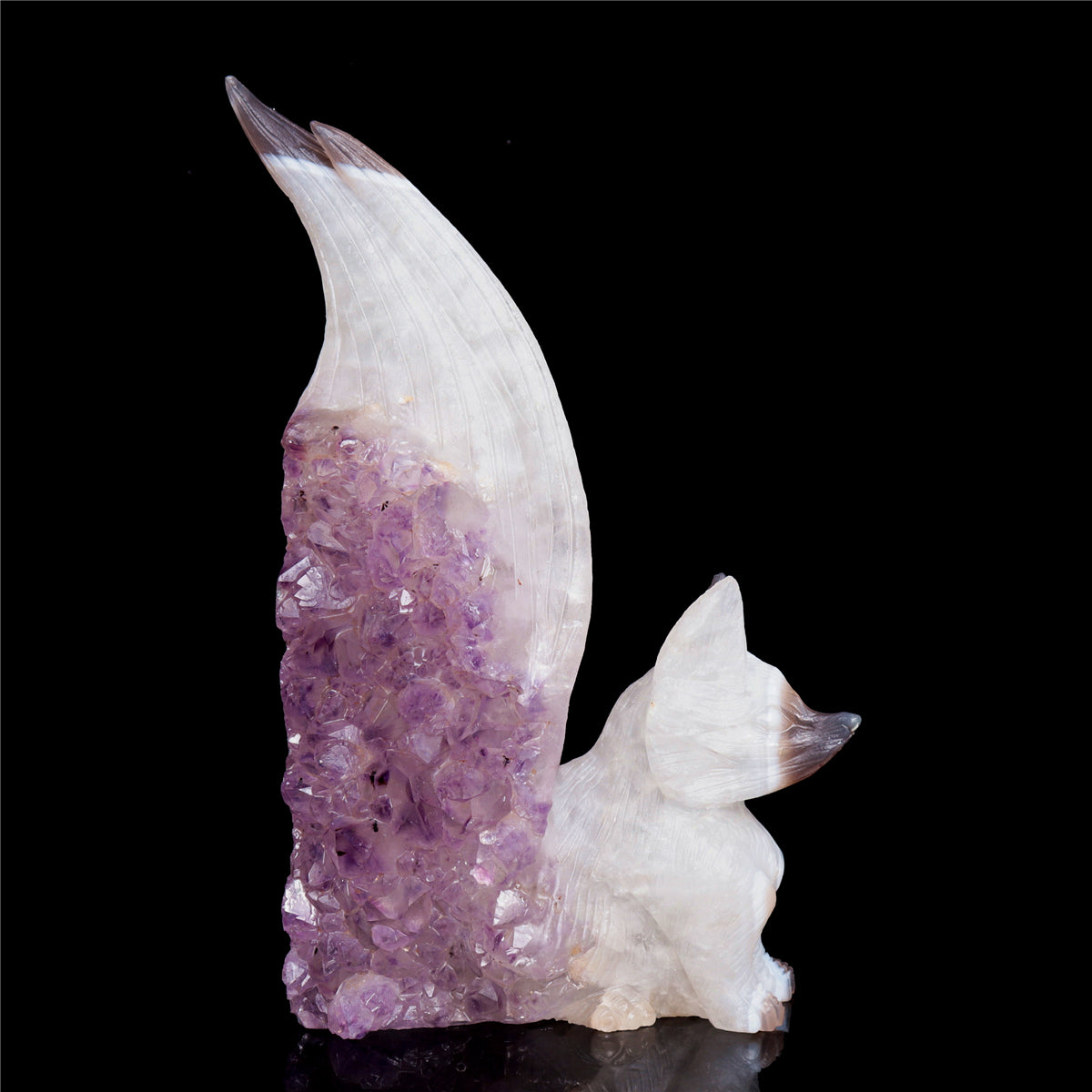 7" Amethyst Agate Crystal Nine Tail Fox Figurine Decor