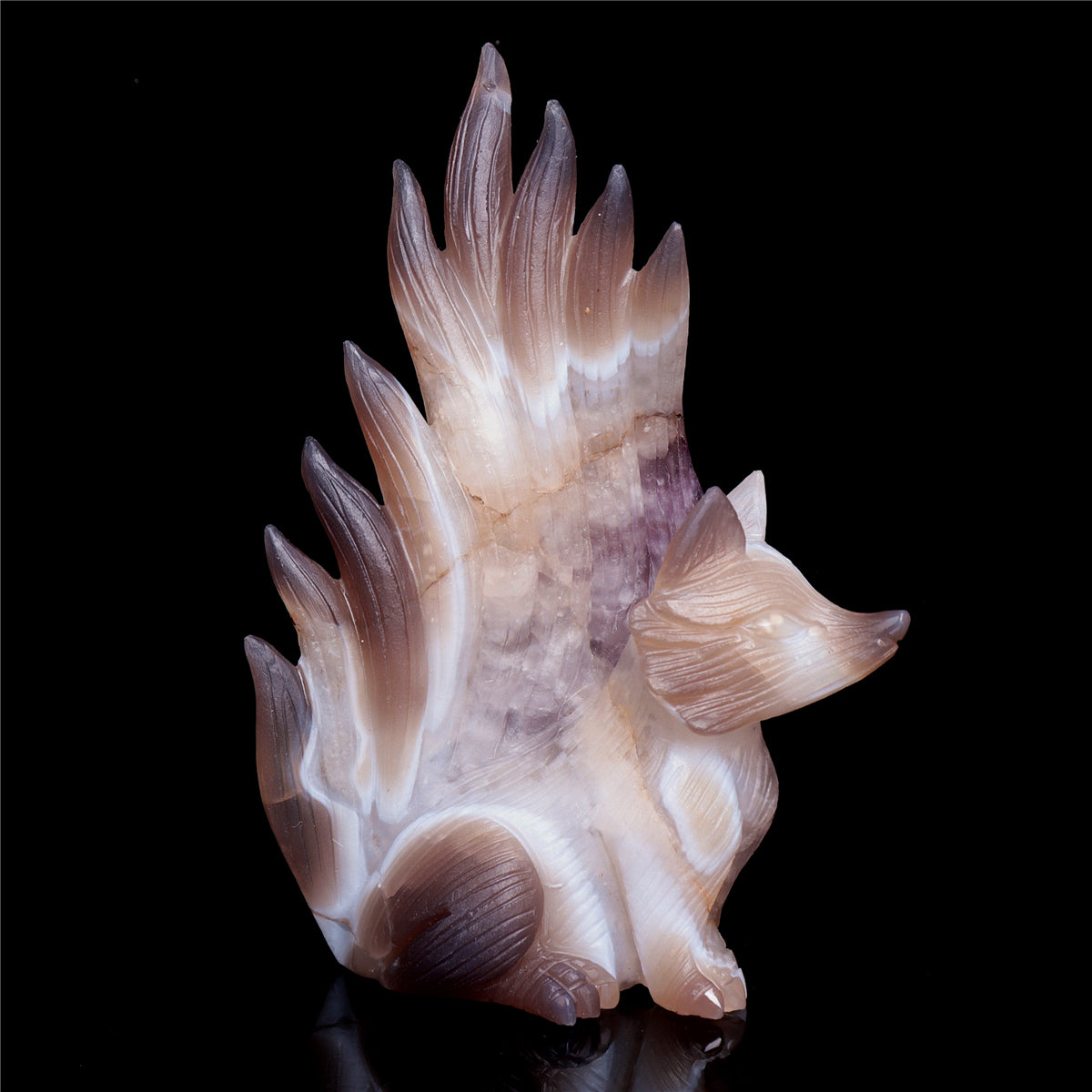 7" Amethyst Agate Crystal Nine Tail Fox Figurine Decor