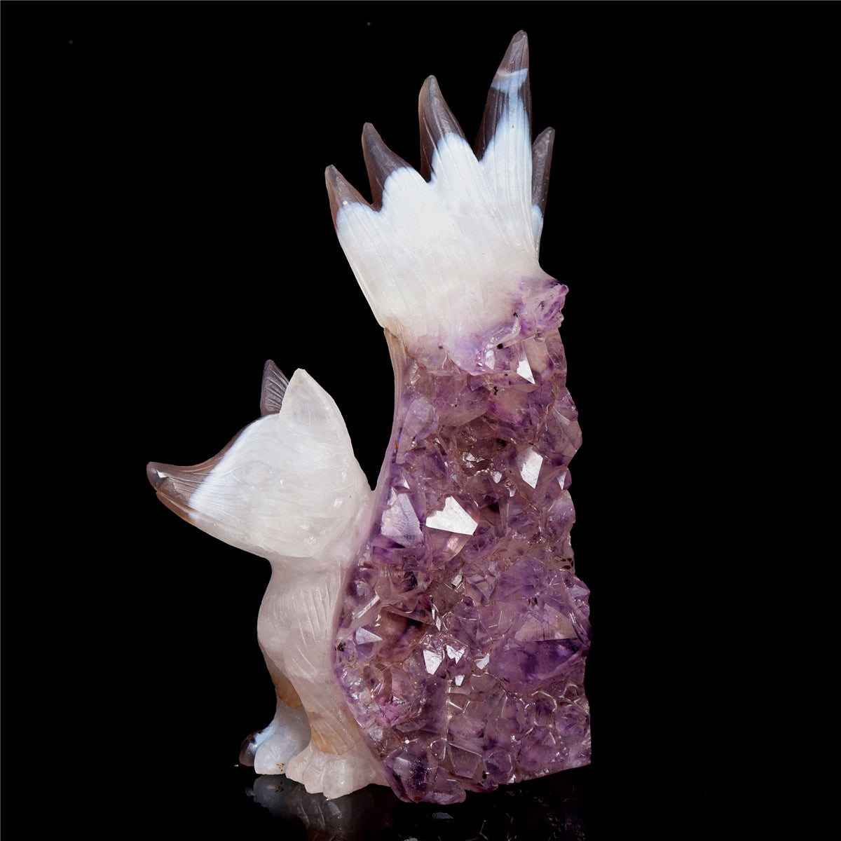 7" Amethyst Agate Crystal Nine Tail Fox Figurine Decor