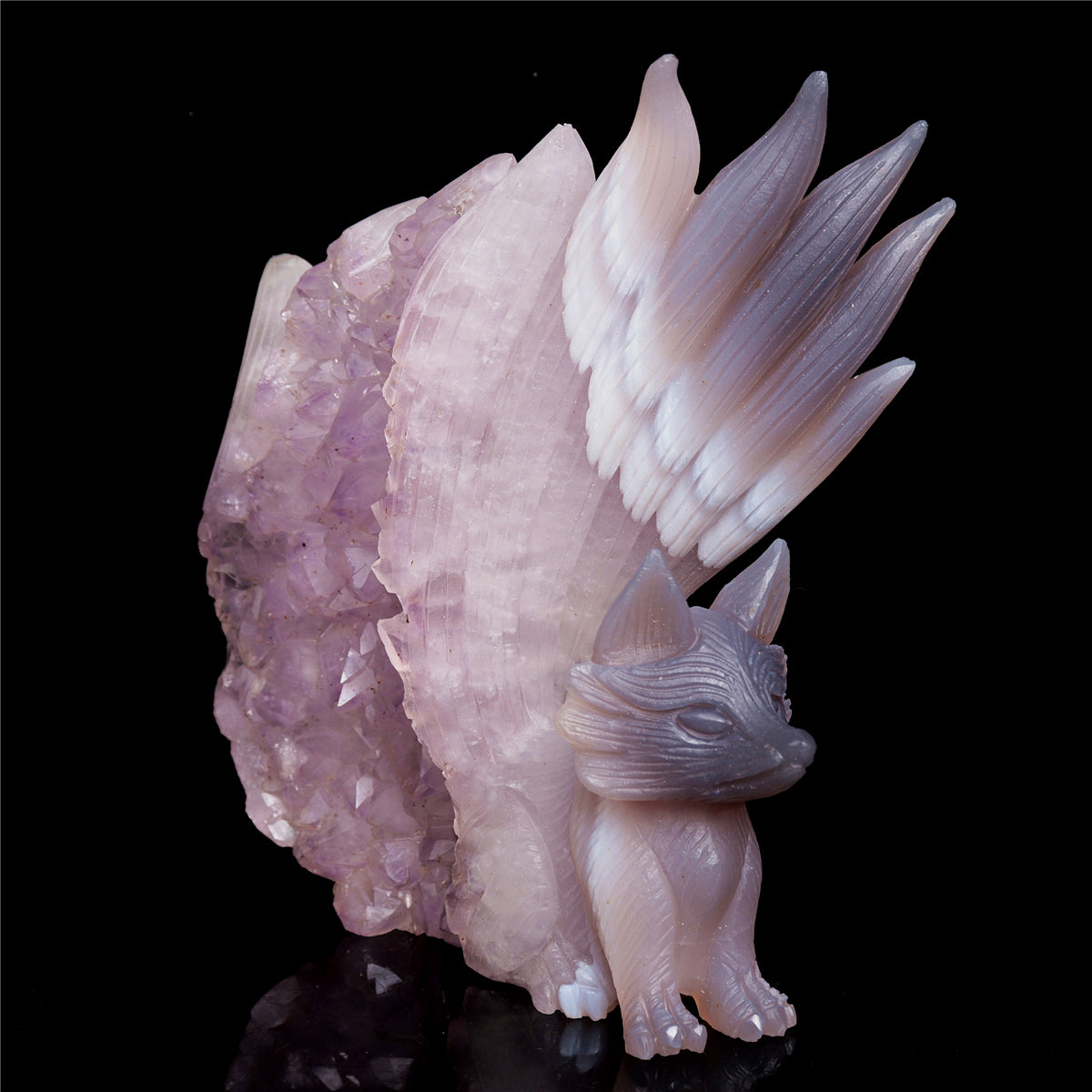 8" Amethyst Agate Crystal Nine Tail Fox Figurine Decor