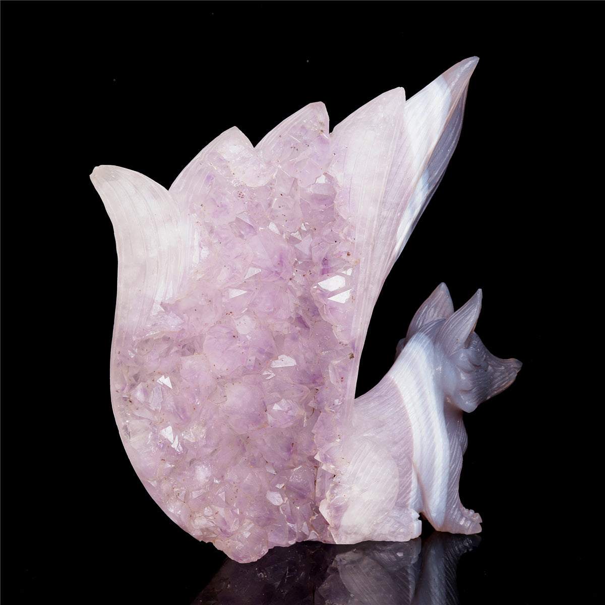 8" Amethyst Agate Crystal Nine Tail Fox Figurine Decor