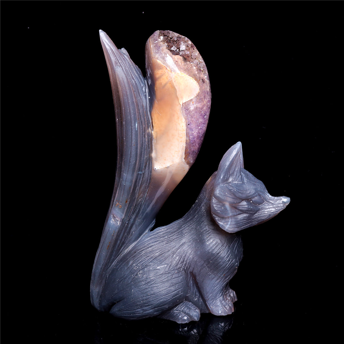 6" Druzy Agate Crystal Nine Tail Fox Figurine Decor