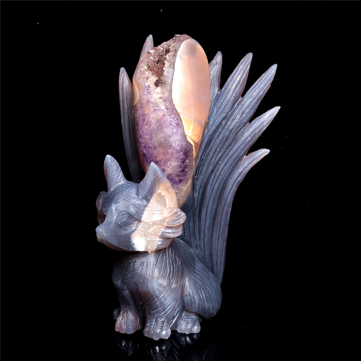 6" Druzy Agate Crystal Nine Tail Fox Figurine Decor